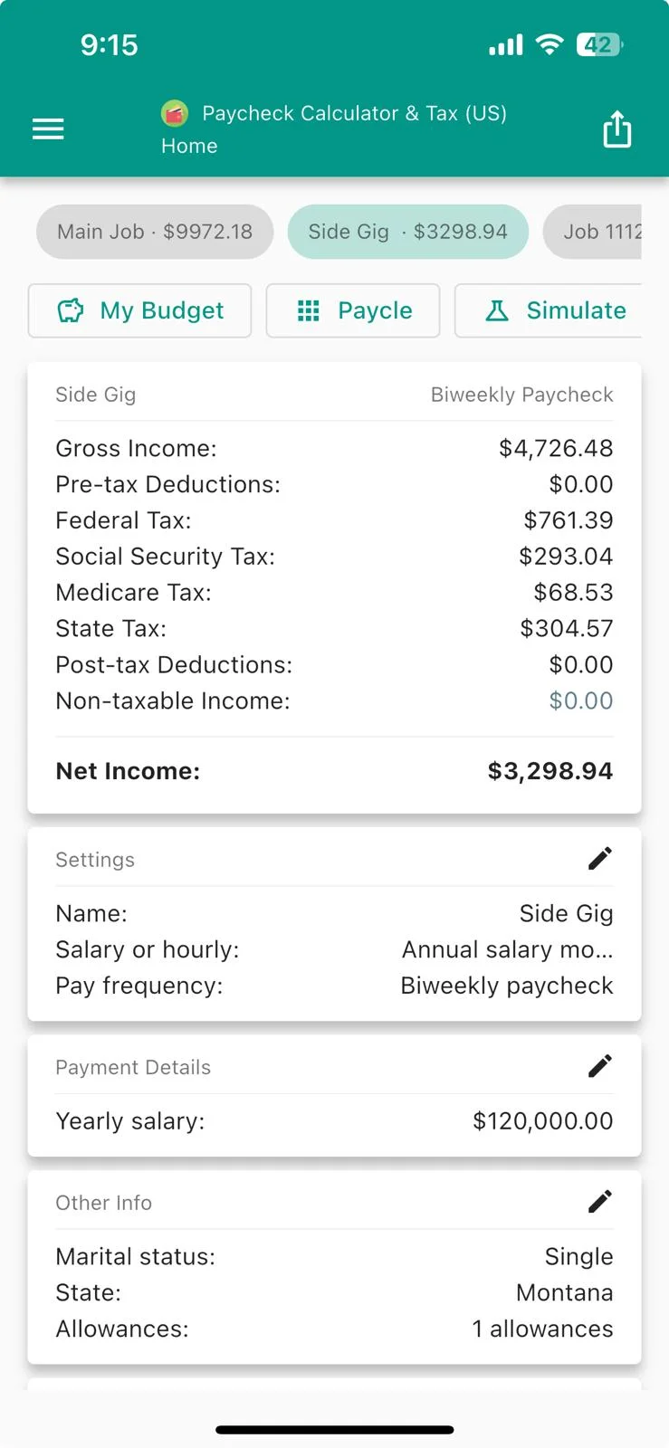 Paycheck Calculator app showing salary calculation