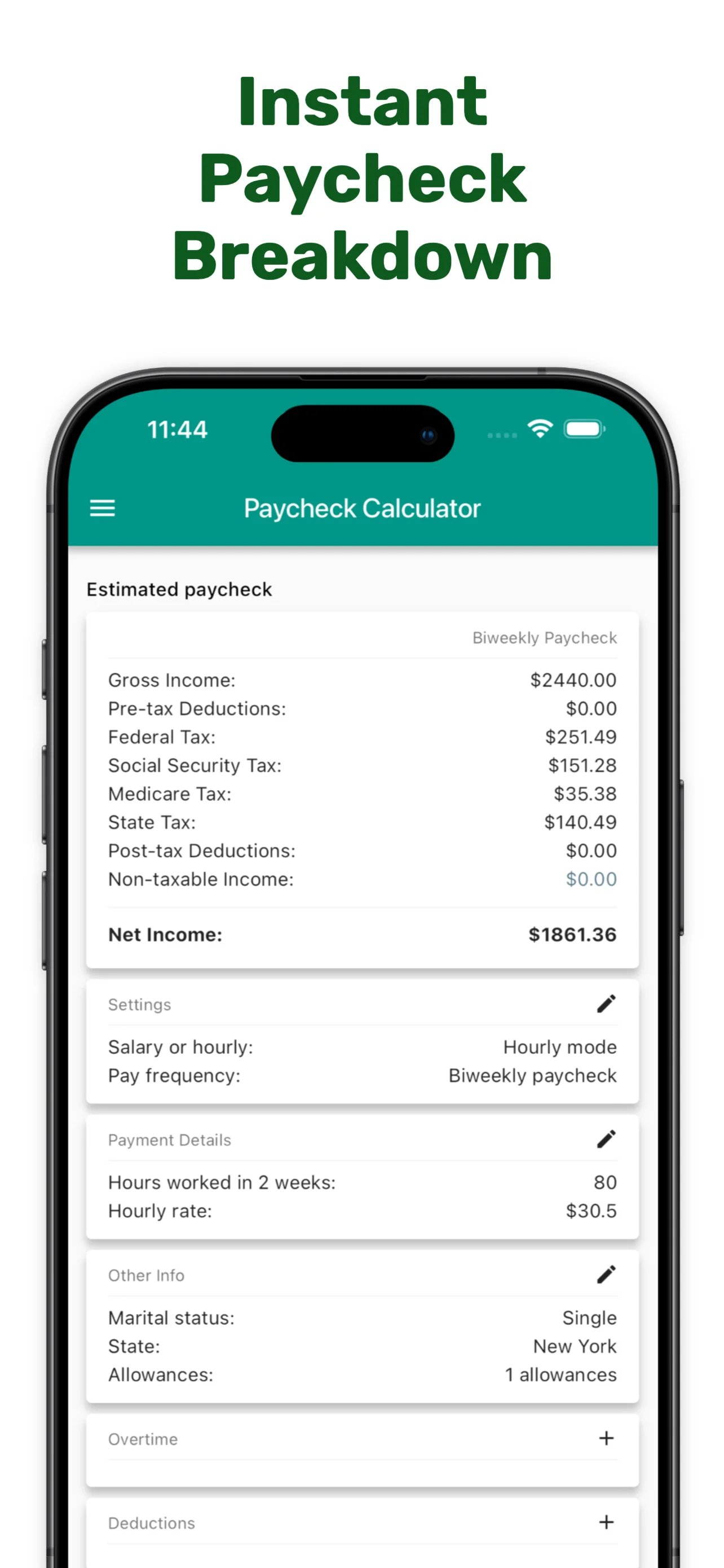 Paycheck Calculator main screen showing income input fields and calculation options