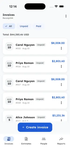 Invoices tab listing client invoices with unpaid status pills, a running USD total, and a Create invoice button