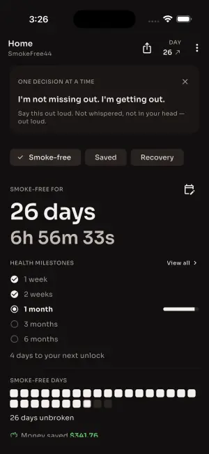 Home dashboard in dark theme showing a 26-day smoke-free timer, the health milestone ladder and an unbroken smoke-free day grid