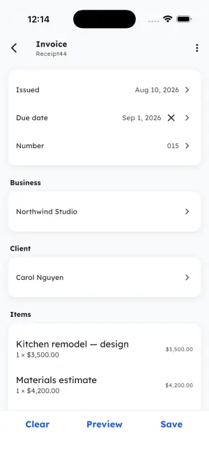 Invoice editor with issued and due dates, invoice number, saved business, client, and line items