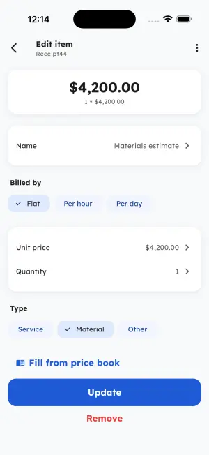 Line item editor with Flat, Per hour and Per day billing units, unit price, quantity, item type, and Fill from price book