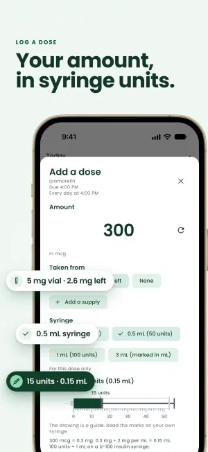 Add a dose sheet showing 300 mcg taken from a 5 mg vial, read out as 15 units (0.15 mL) on a 0.5 mL syringe