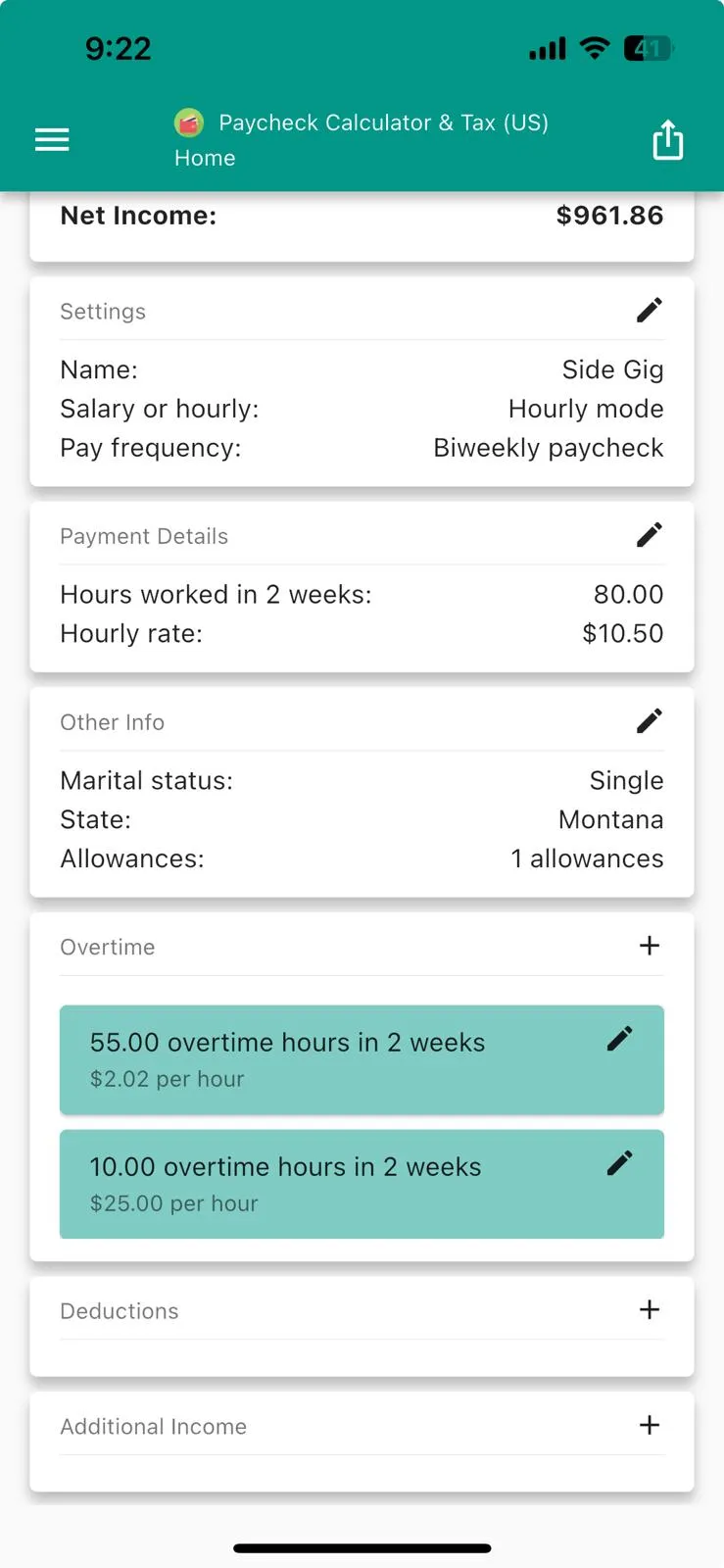 Results summary with net take-home pay