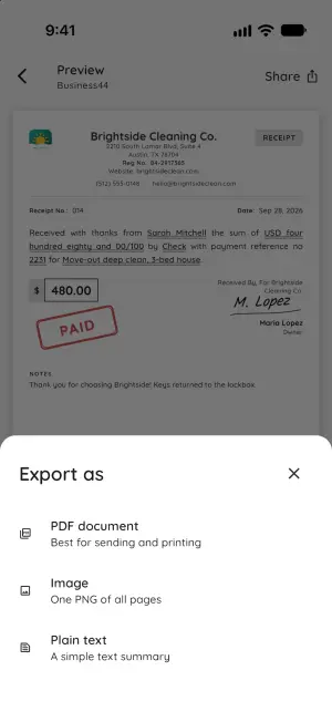 Export sheet offering a PDF document, a PNG image or a plain text summary