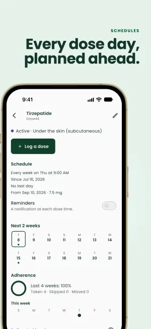 Tirzepatide detail with a weekly Thursday schedule, a dose change from a date, the next 2 weeks and adherence