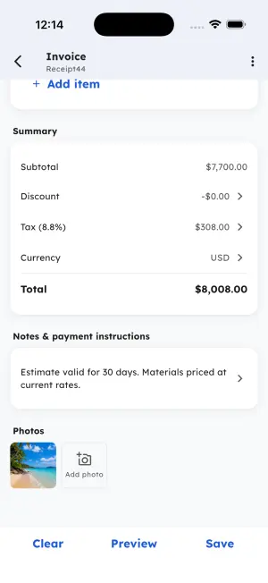 Invoice summary showing subtotal, discount, tax percentage, currency and total, plus notes and attached photos