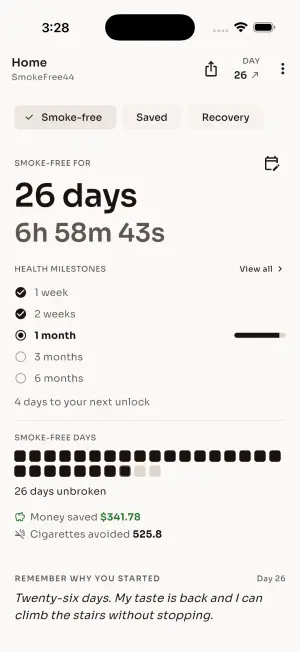 Smoke-free tab listing health milestones from one week to six months with days until the next unlock