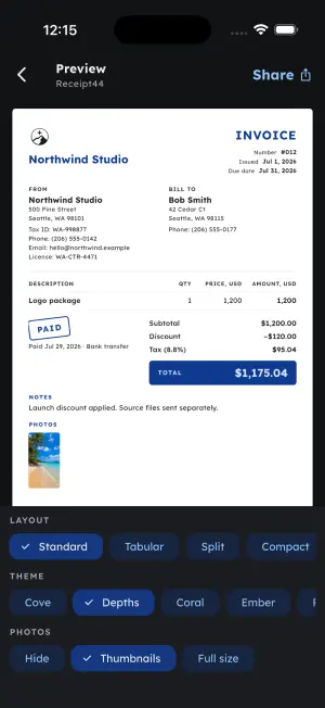 A4 invoice preview with a PAID stamp and layout, theme and photo display options below it