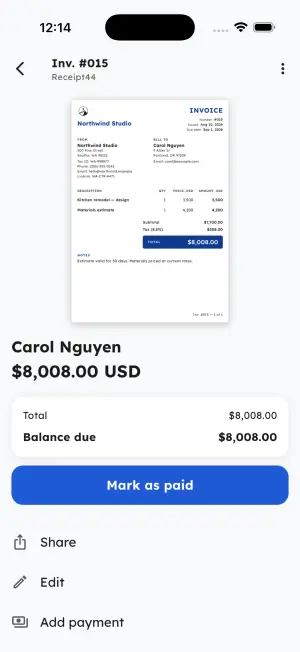 Invoice detail showing the rendered document, balance due, and Mark as paid, Share, Edit and Add payment actions