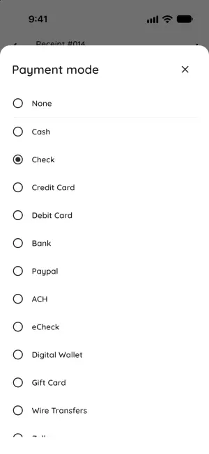 Payment mode picker with Cash, Check, Credit Card, ACH, PayPal, Wire Transfers and more