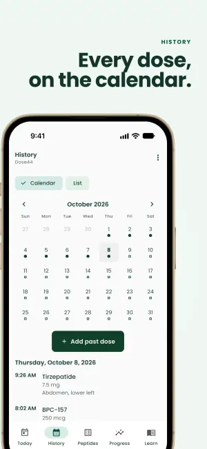 History calendar for October 2026 with a dot on each dose day and the doses logged on October 8