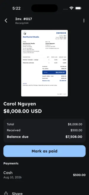 Invoice with a partial cash payment recorded, showing received amount and remaining balance due