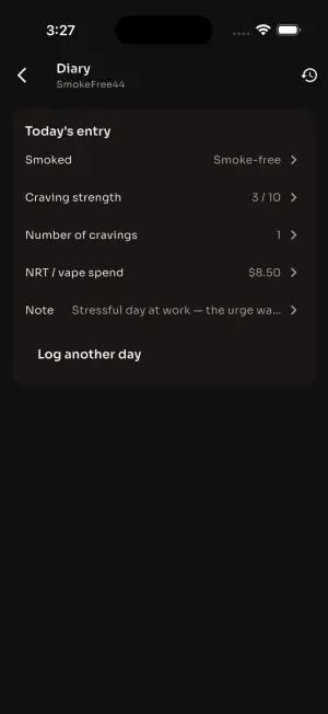 Daily diary entry recording smoke-free verdict, craving strength, craving count, nicotine replacement spend and a note
