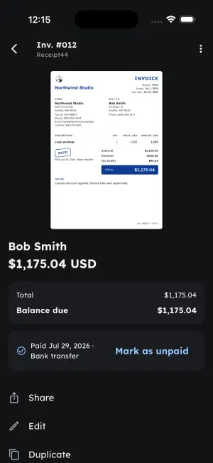 Settled invoice stamped PAID with the payment date and bank transfer method, and a Mark as unpaid option