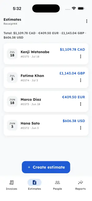 Estimates tab listing quotes in CAD, GBP, EUR and USD with per-currency totals