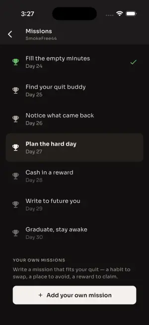 Missions list showing the day-by-day quit program with completed days and an option to add your own mission