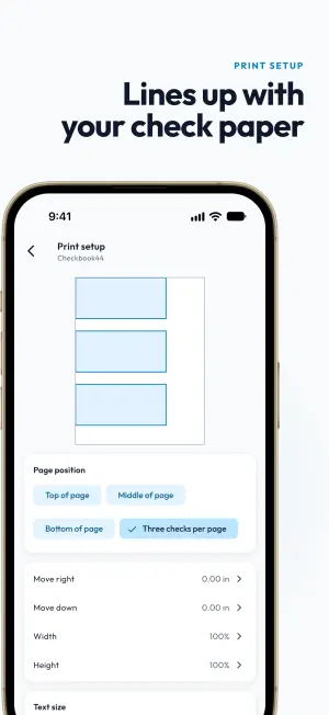 Print setup with three checks per page selected and move right, move down, width and height adjustments