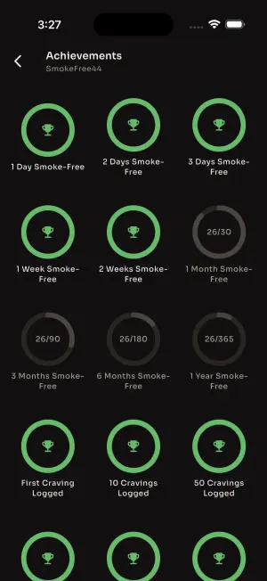 Achievements grid of smoke-free, craving and diary badges with progress rings on the ones still locked