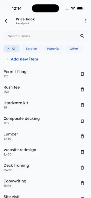 Price book of saved line items with search and Service, Material and Other filters