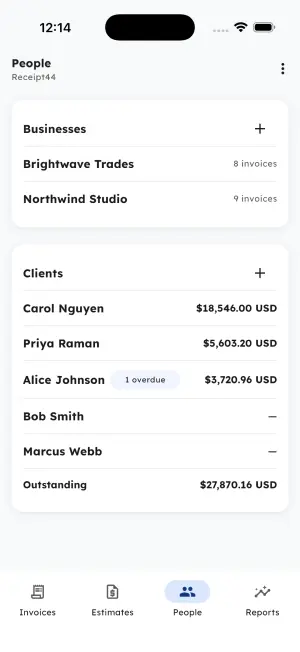 People tab with saved businesses and clients, per-client balances, an overdue badge, and total outstanding