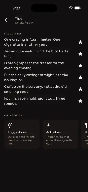 Coping tips library showing favourited tips and category cards for suggestions and activities