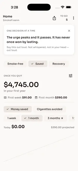 Pre-quit savings projection showing the first year, first week and first month figures