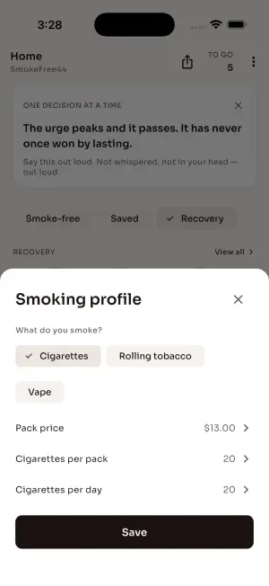 Smoking profile sheet choosing cigarettes, rolling tobacco or vape and setting pack price and daily consumption
