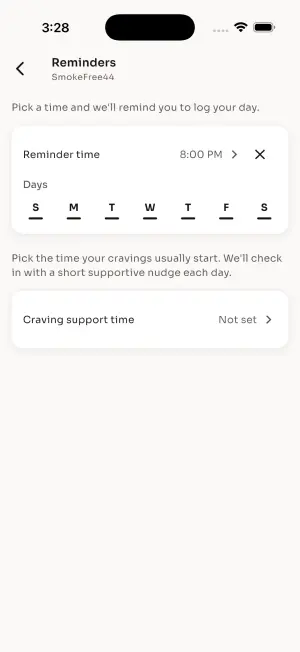 Reminders settings picking a daily diary nudge time, active days and a craving support hour