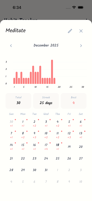 Habit detail view with calendar and statistics