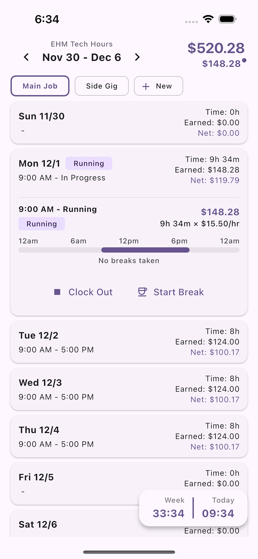 Hours Tracker main screen