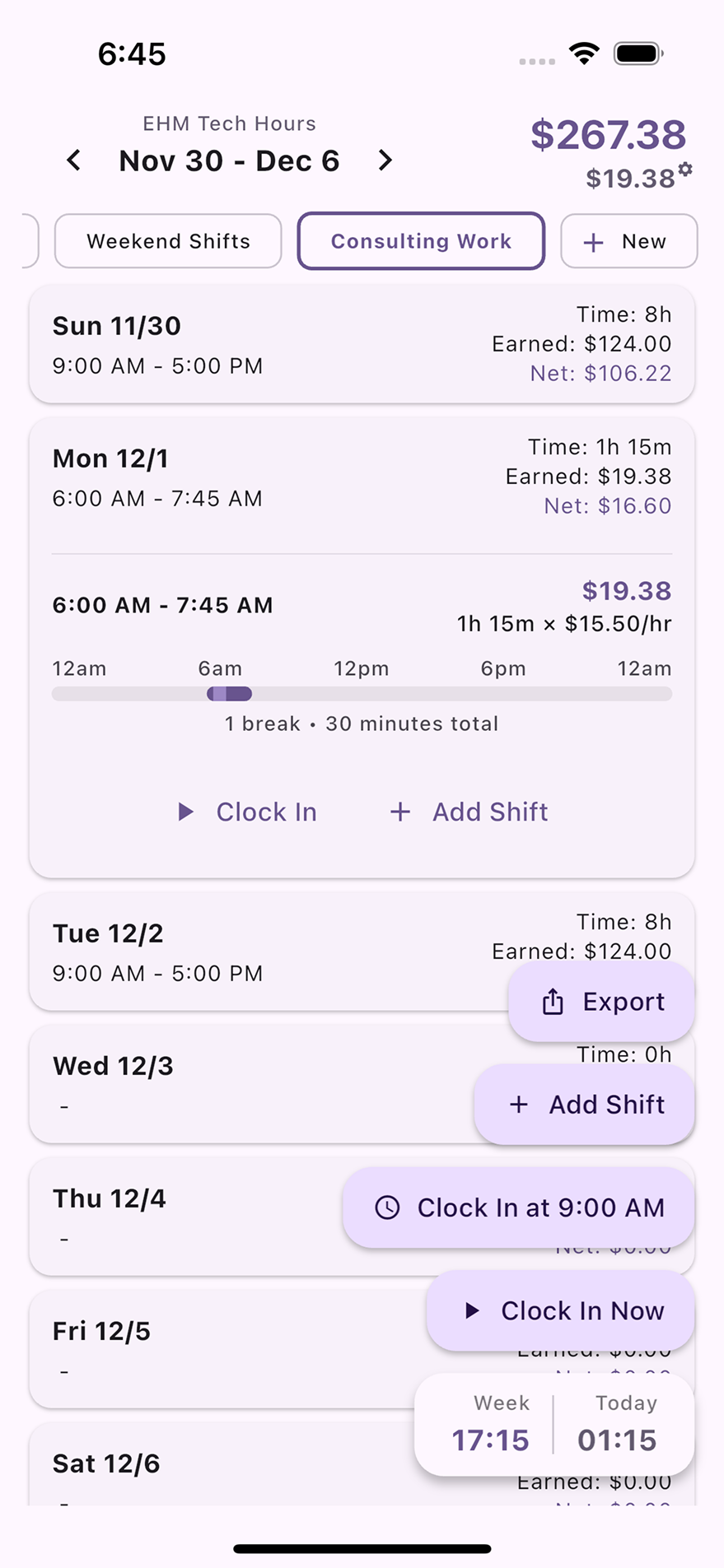 Hours Tracker app showing weekly timesheet